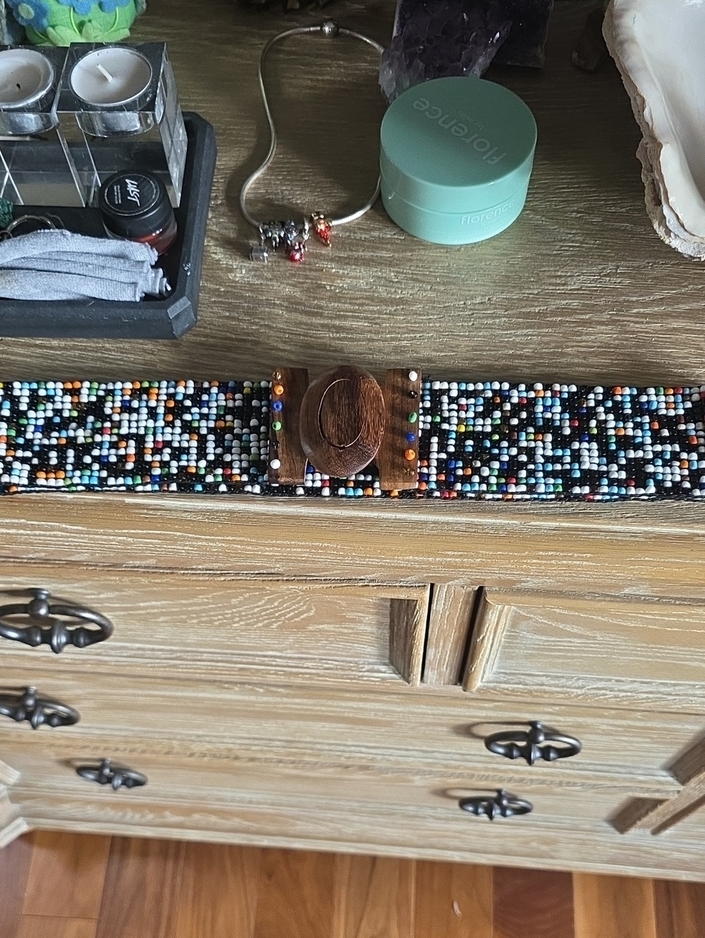 Handmade Multicolor Beaded Decorative Belt with Wooden Buckle